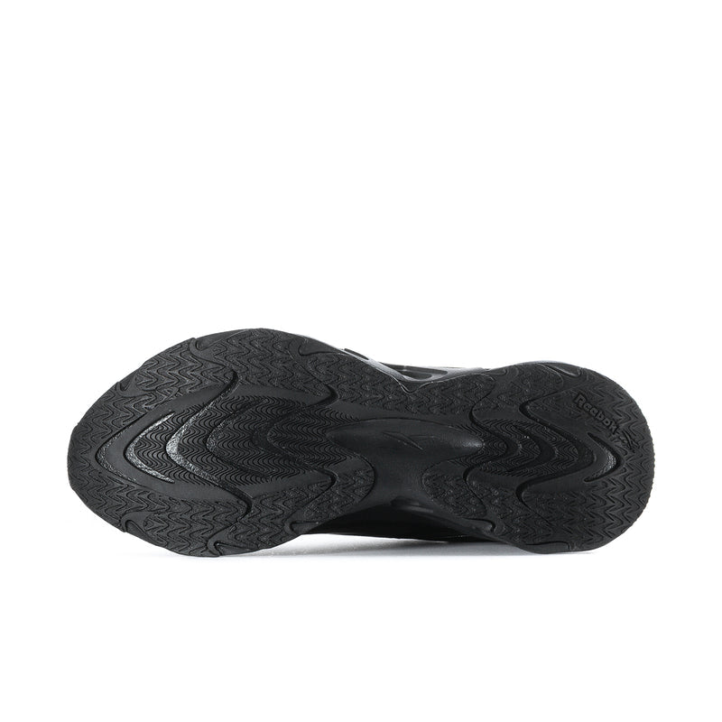 Black men's running shoes, outsole view, textured tread for grip