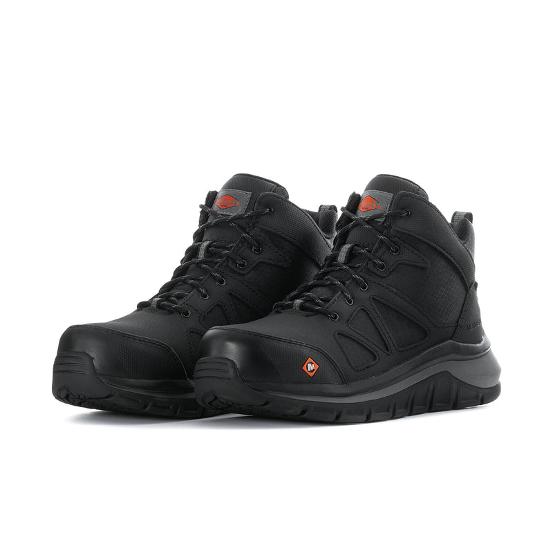 Pair of black mid-height lace-up work boots with orange details