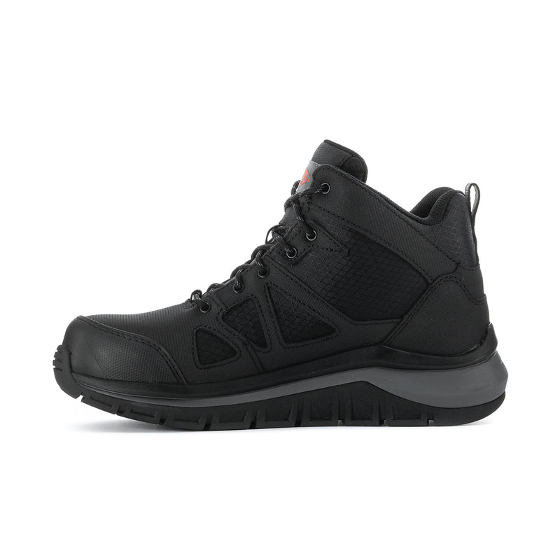 Black lace-up work boots with side panels and rugged sole