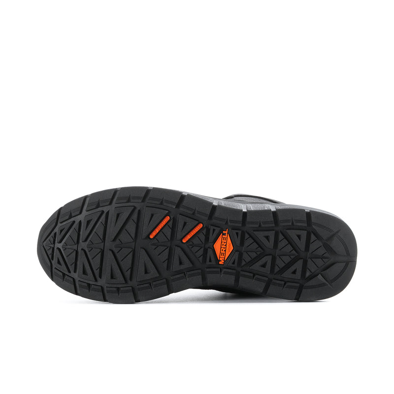 Black rubber outsole with deep tread and orange accent stripe