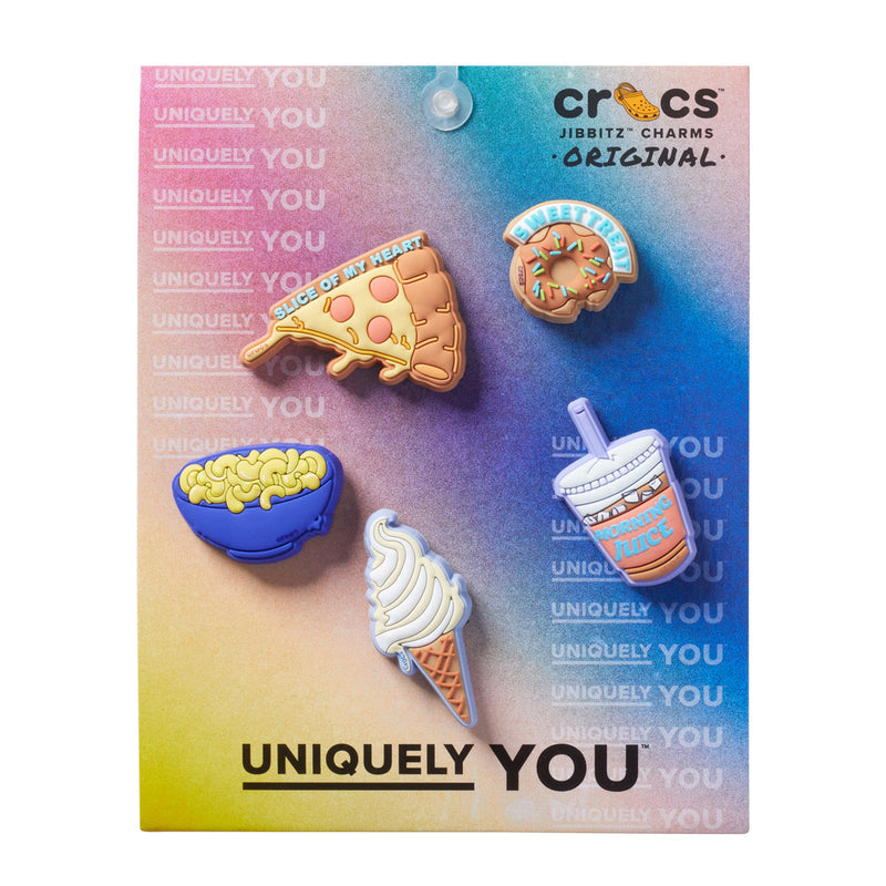 Food-shaped Jibbitz charm set: pizza, burger, fries, ice cream, donut