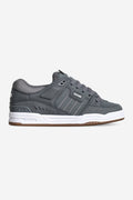 Side view of charcoal Fusion skate shoe with white midsole and gum outsole