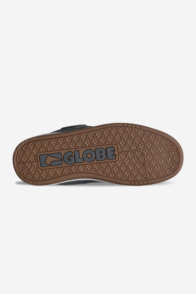 Bottom view of charcoal Fusion skate shoe showing patterned tread and Globe logo