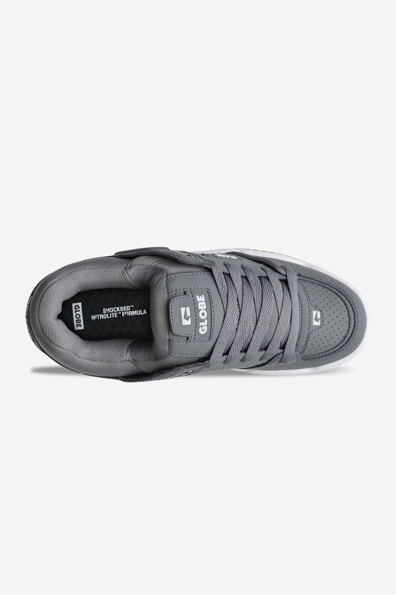 Top view of charcoal gray Fusion skate shoe with lace front and sock like collar