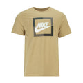 Men's beige short-sleeve tee with Nike block logo graphic on chest