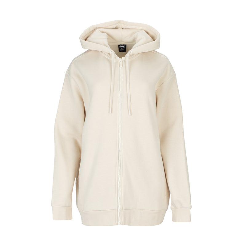 Women's parchment fleece zip-up hoody with hood and drawstring, front view