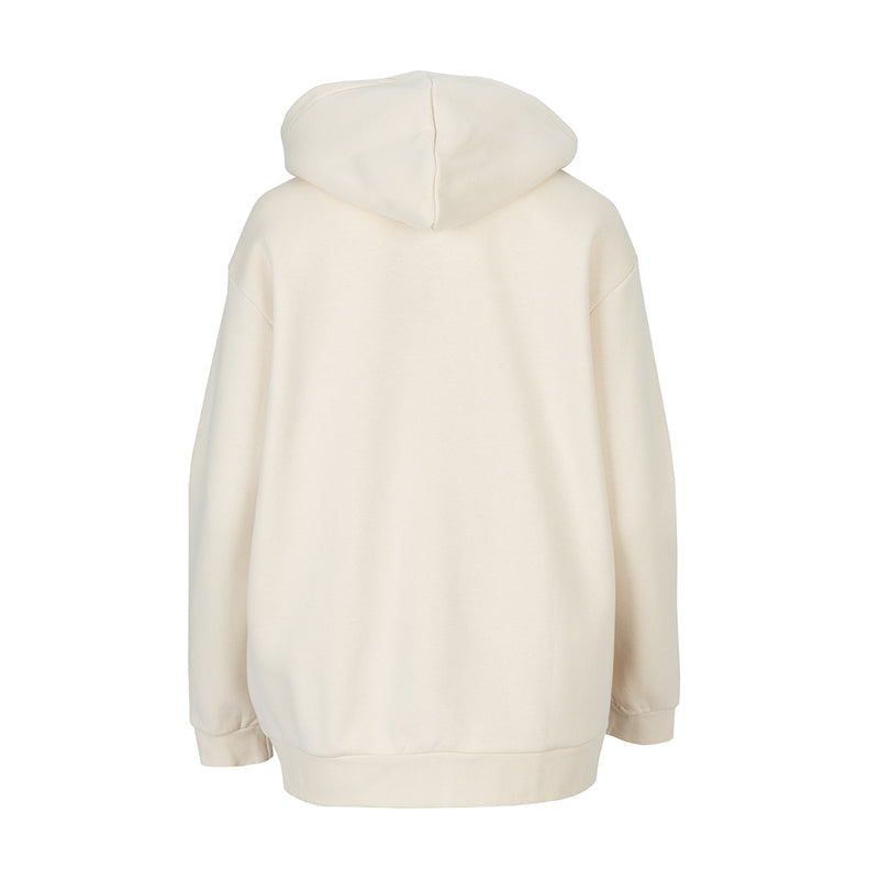Women's parchment fleece zip-up hoody, back view with hood and drawstring