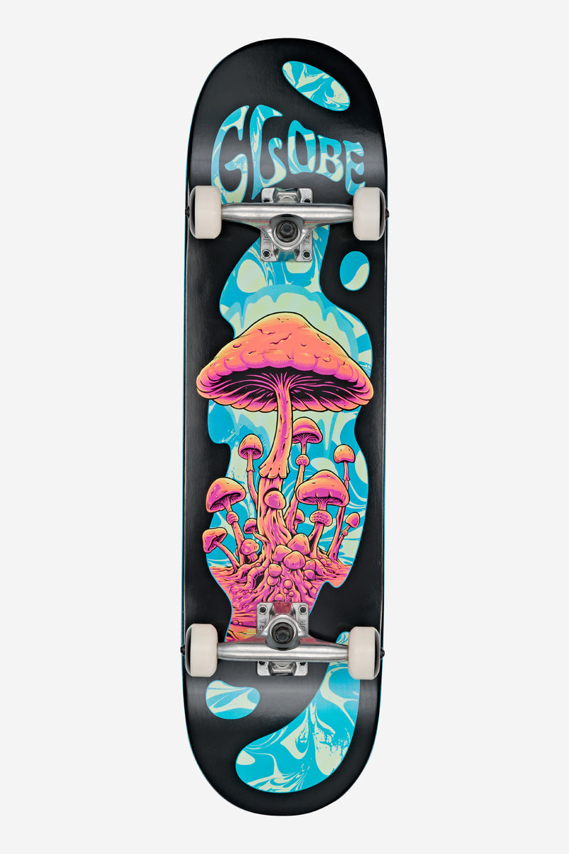 Top-down view of Mind Expansion deck 8.25 in Black Green with blue jellyfish graphic on black surface