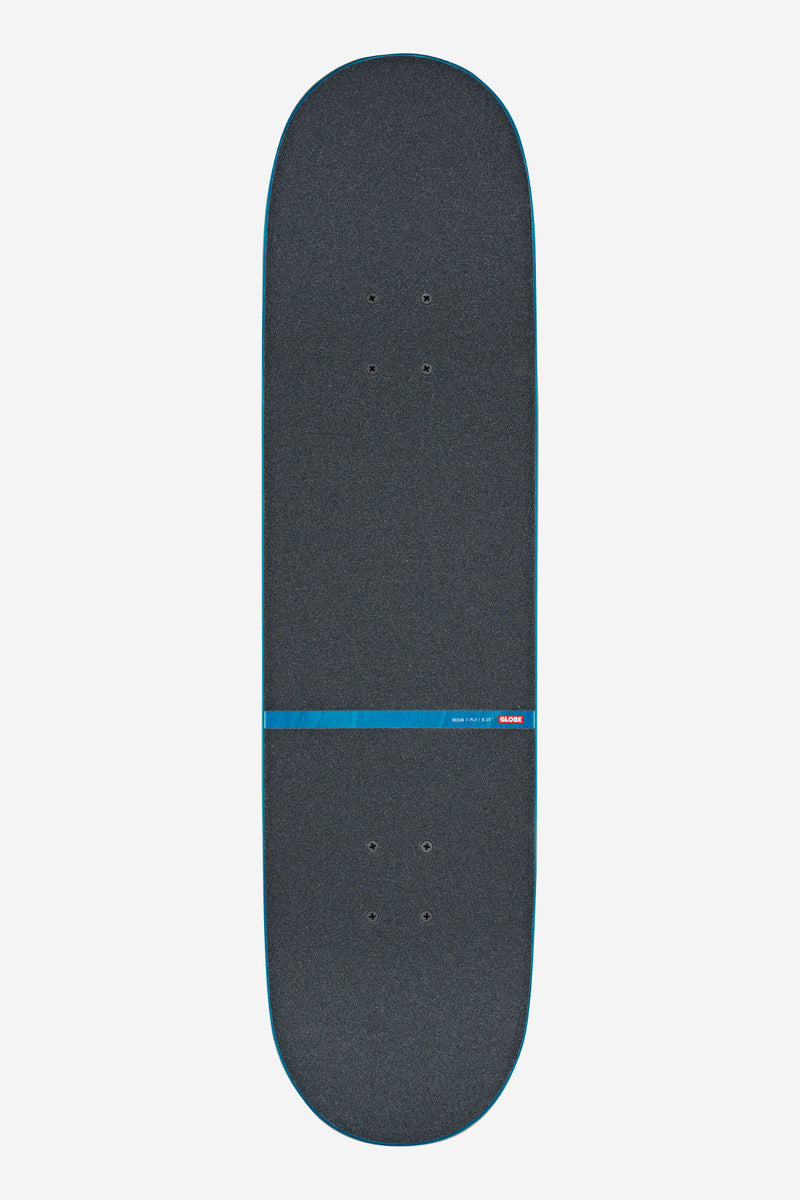 Close-up of Mind Expansion deck top showing dark grip and bright blue edge stripe