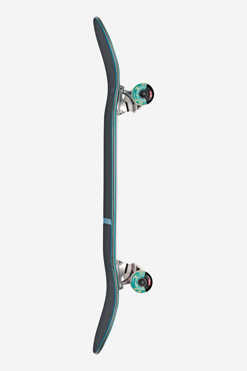 Side view of Mind Expansion G1 complete skateboard in Black/Green with teal edge stripe and turquoise wheels