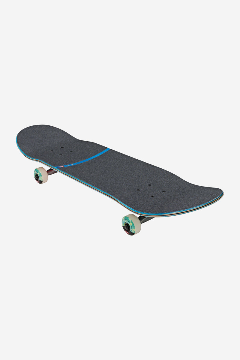Top view of Mind Expansion G1 complete skateboard 8.25 in Black/Green showing a dark deck with blue edge stripe and white wheels