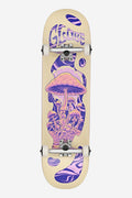Top view of Mind Expansion G1 complete skateboard 8.5 in Off-White/Purple with beige deck and purple mushroom graphic plus white wheels