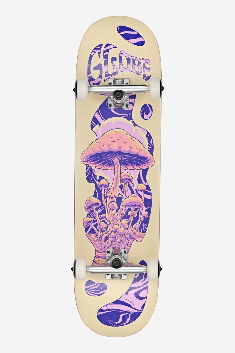 Top view of Mind Expansion G1 complete skateboard 8.5 in Off-White/Purple with beige deck and purple mushroom graphic plus white wheels