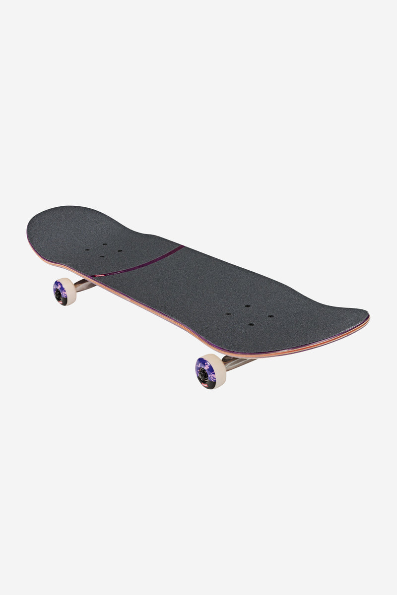 Completed G1 Mind Expansion 8.5 inch Off-White Purple skateboard with purple wheels and edge stripe
