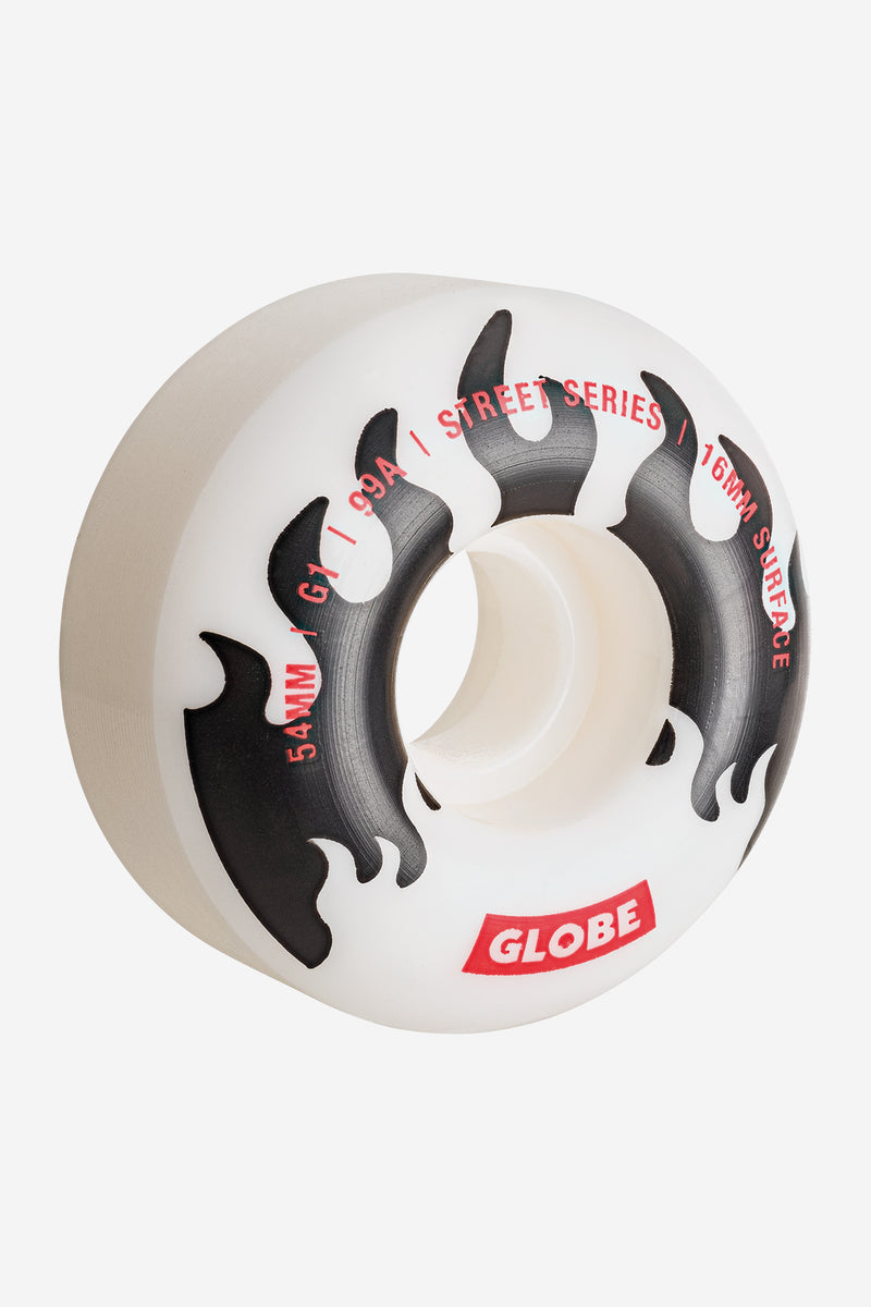 G1 Street Wheel 54mm White Black Flames with rounded profile and grooved traction surface