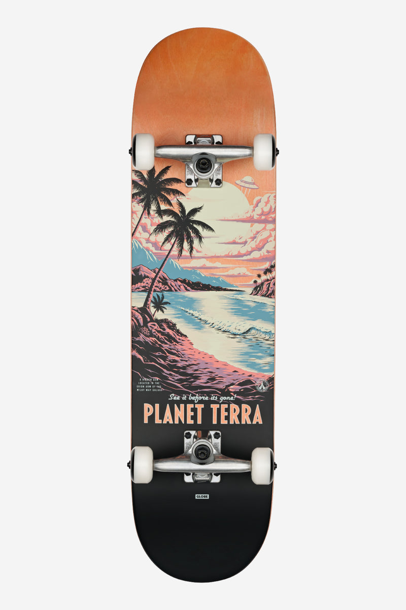 Top-down view of a Terra Bay G1 complete skateboard with a tropical palm tree sunset graphic on the deck.