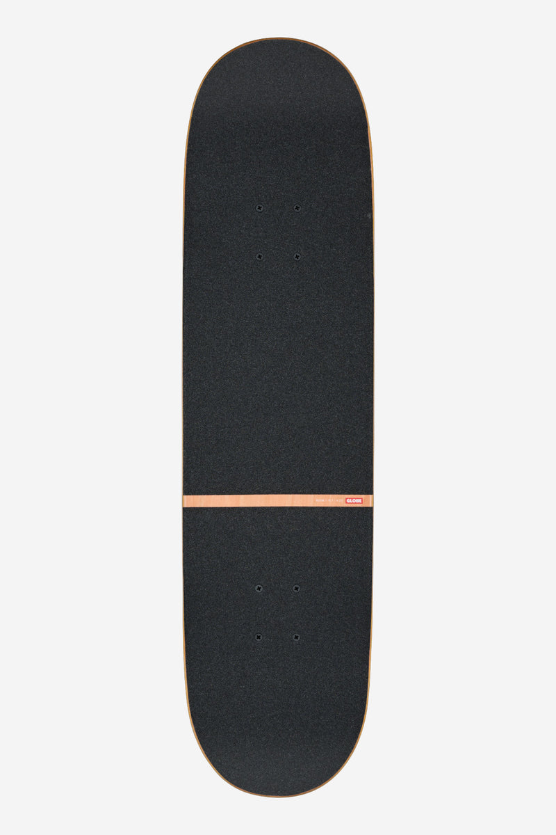 Top view of the Terra Bay skateboard deck showing black grip tape and a copper accent stripe.