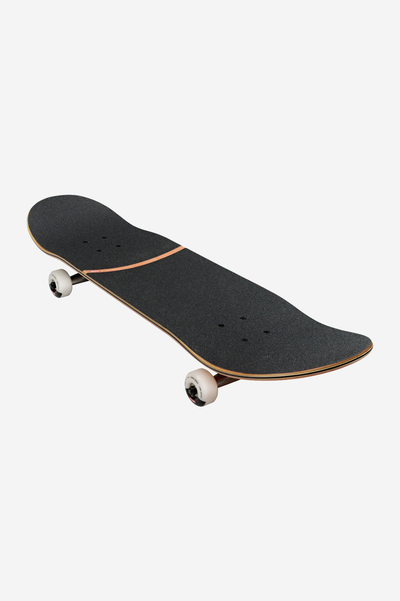 Top view of Terra Bay Visitation G1 complete skateboard showing rainbow arch graphic and white wheels