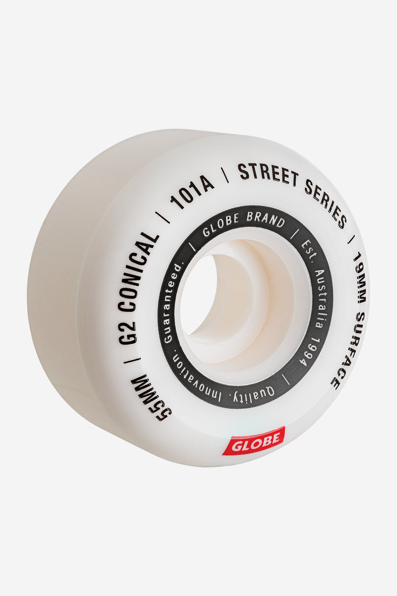 G2 Conical Street Wheel in white with black inner ring and Globe brand logo