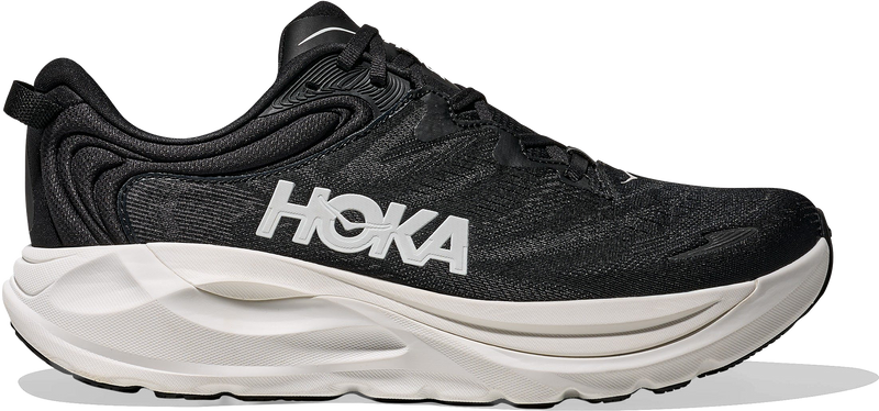 Quarter turn view Men's HOKA Footwear style name Gaviota 6 XWide in color Black/ White. Sku: 1171936-BWHT