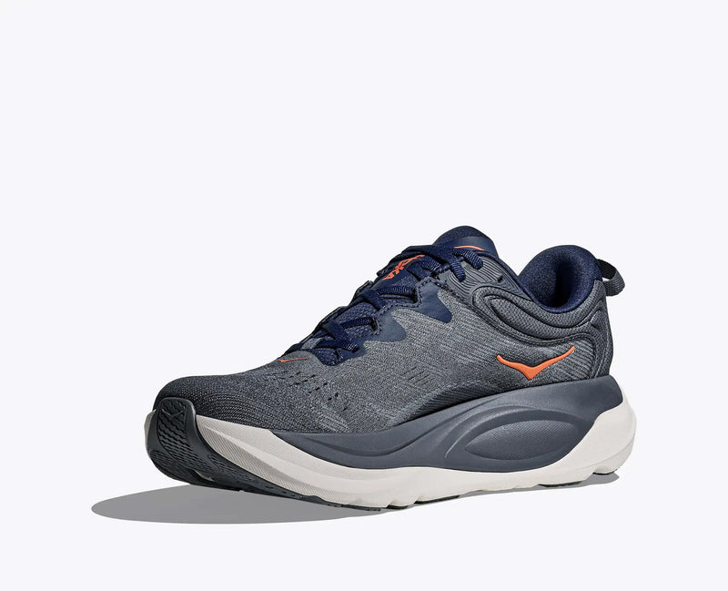 Quarter turn view Men's HOKA Footwear style name Gaviota 6 XWide in color Midnight Blue/ Faded Navy. Sku: 1171936-MLFD