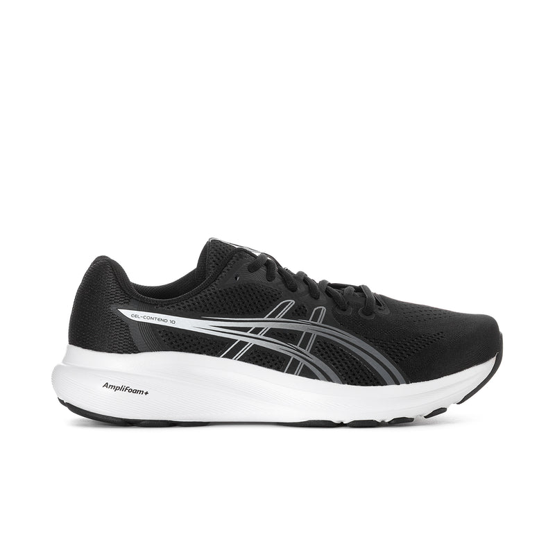 Men's black and white running shoe with mesh upper and Asics logo stripes