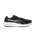 Men's black and white running shoe with mesh upper and Asics logo stripes