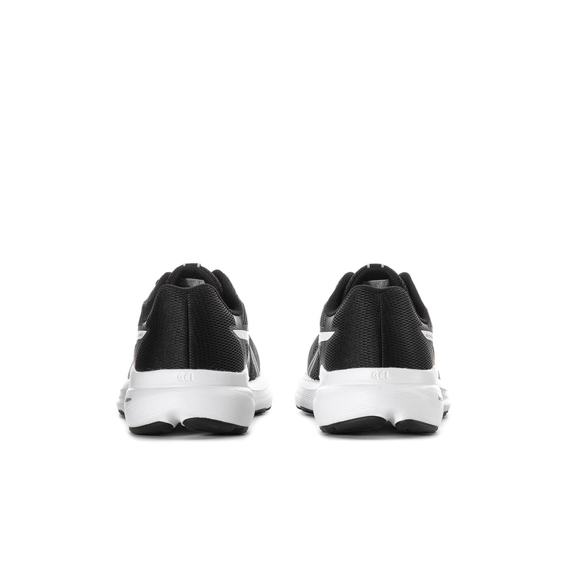 Men's black and white running shoes, rear view with cushioned heel and branding