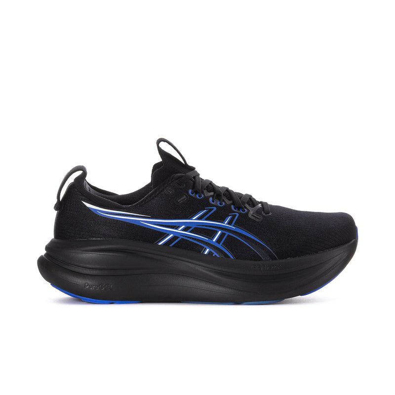 Gel-Nimbus 28 men's running shoes, black knit with blue accents and lace-up design