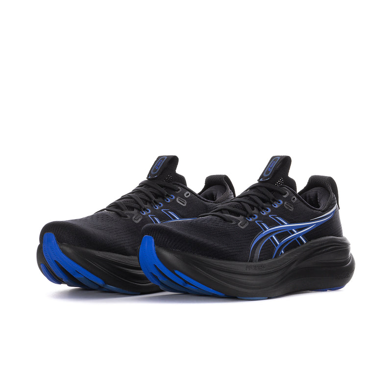 Gel-Nimbus 28 men's running shoes, black with blue side stripes and cushioned sole