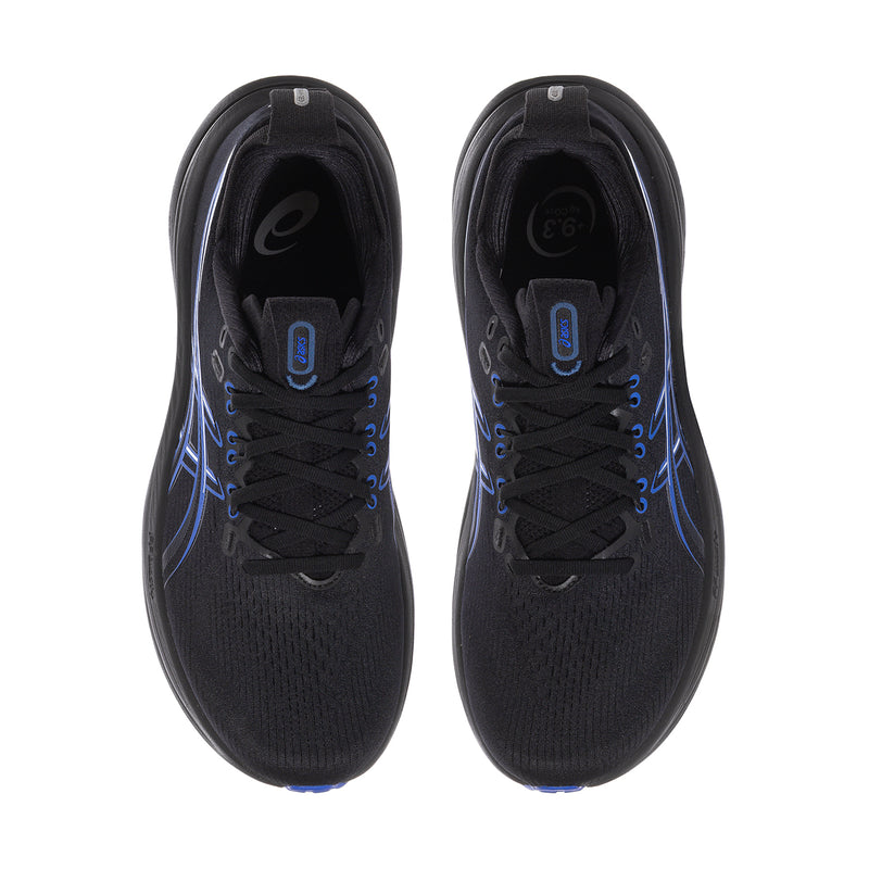 Gel-Nimbus 28 men's running shoes, pair view with black upper and blue logo details