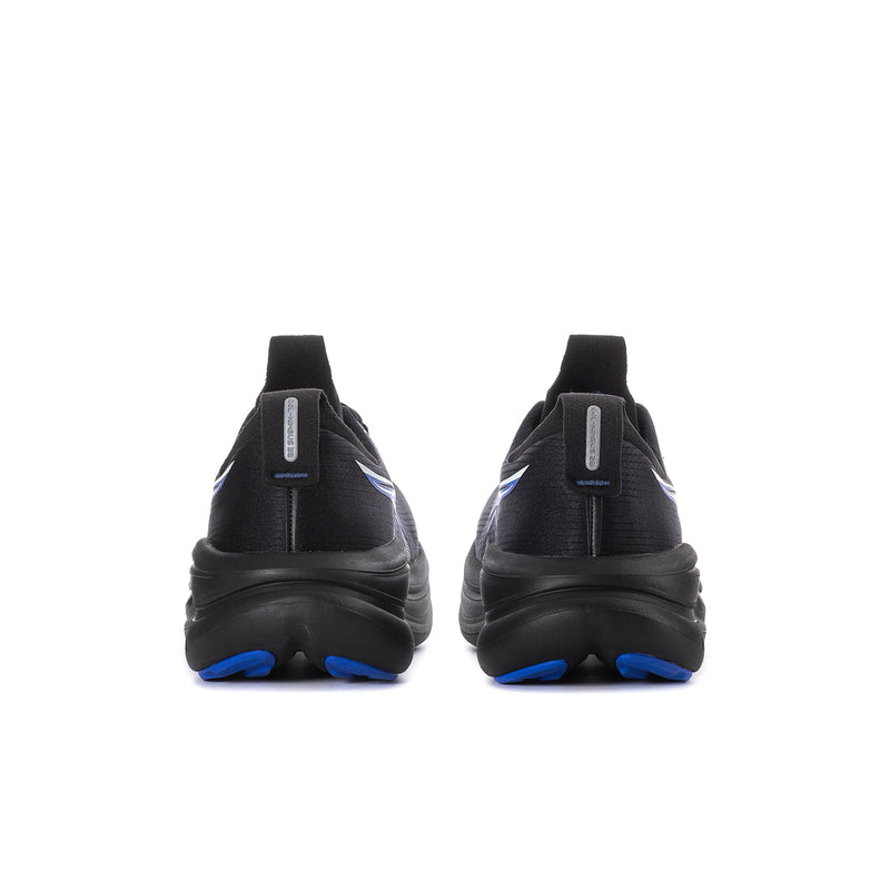 Gel-Nimbus 28 men's running shoes, heel view in black with blue cushioning accents