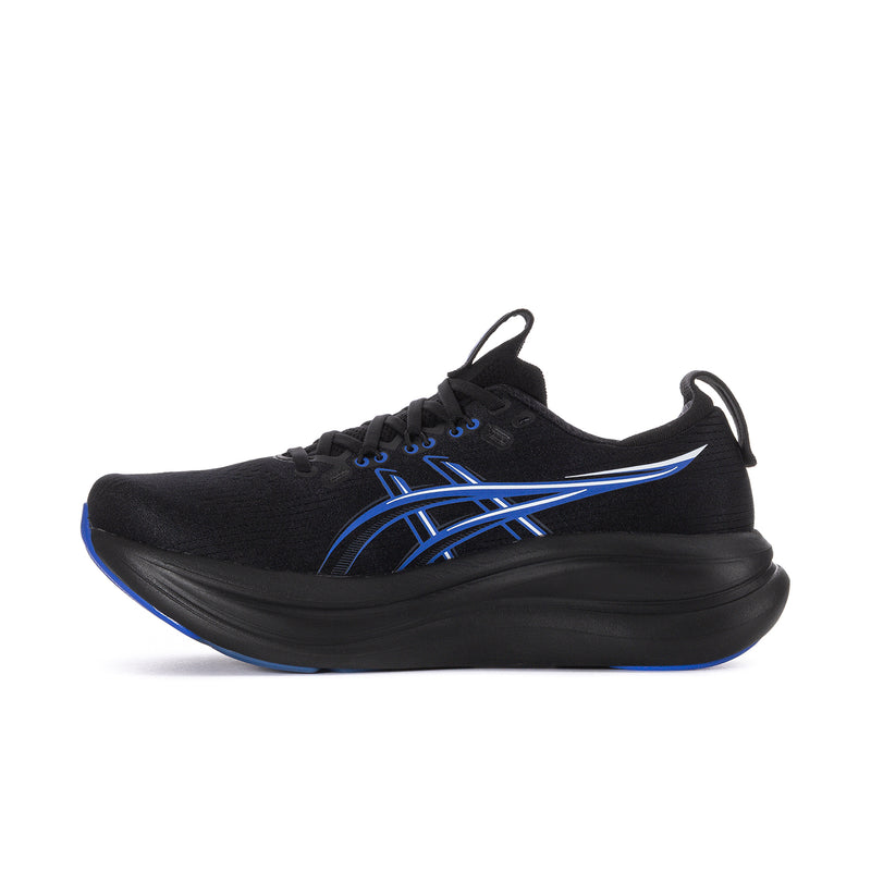 Gel-Nimbus 28 men's running shoes, black upper with blue trim and thick midsole