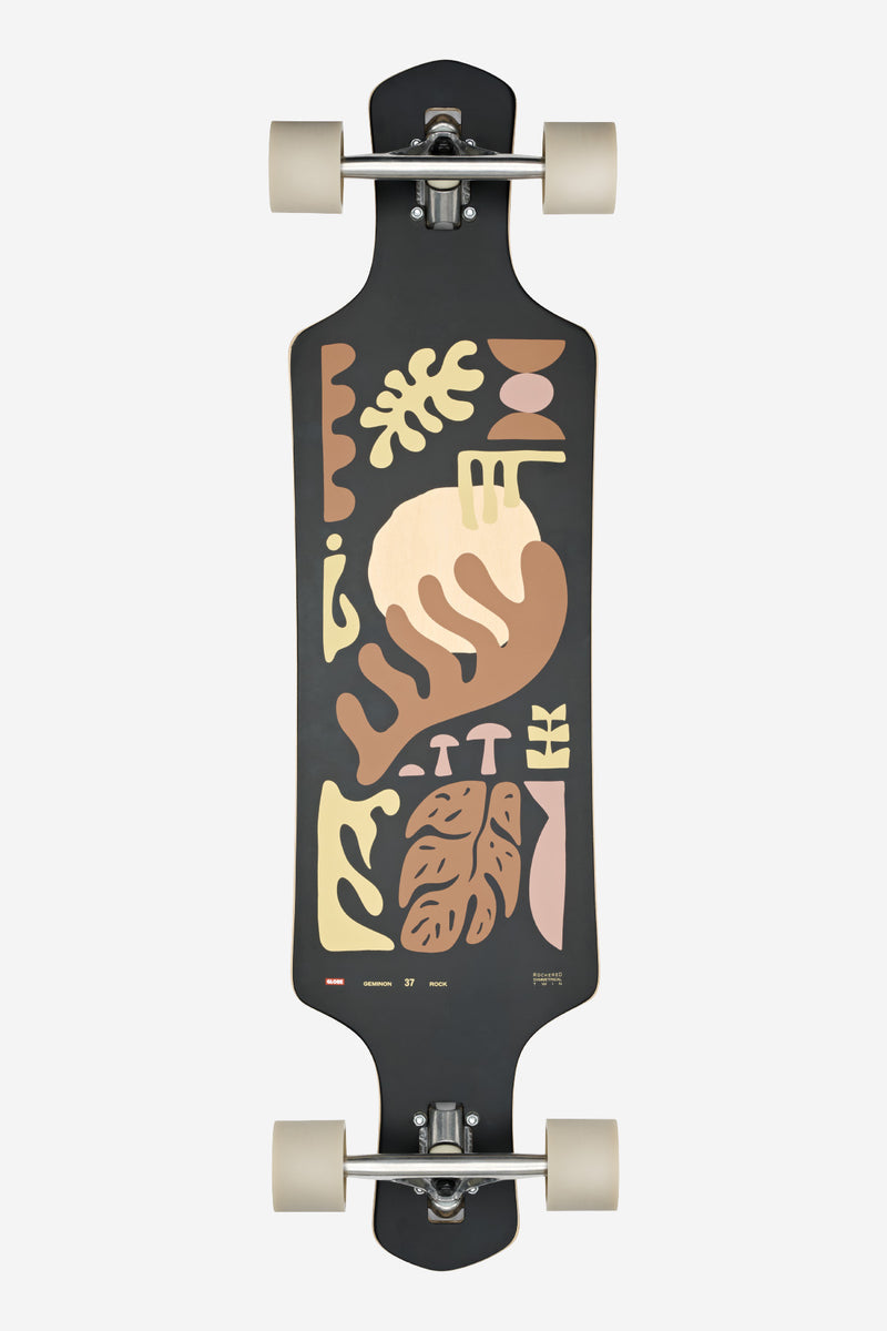 38 inch Geminon longboard in Arid with abstract earthy artwork on a dark deck and beige wheels.