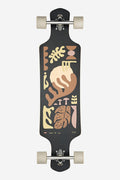 38 inch Geminon longboard in Arid with abstract earthy artwork on a dark deck and beige wheels.