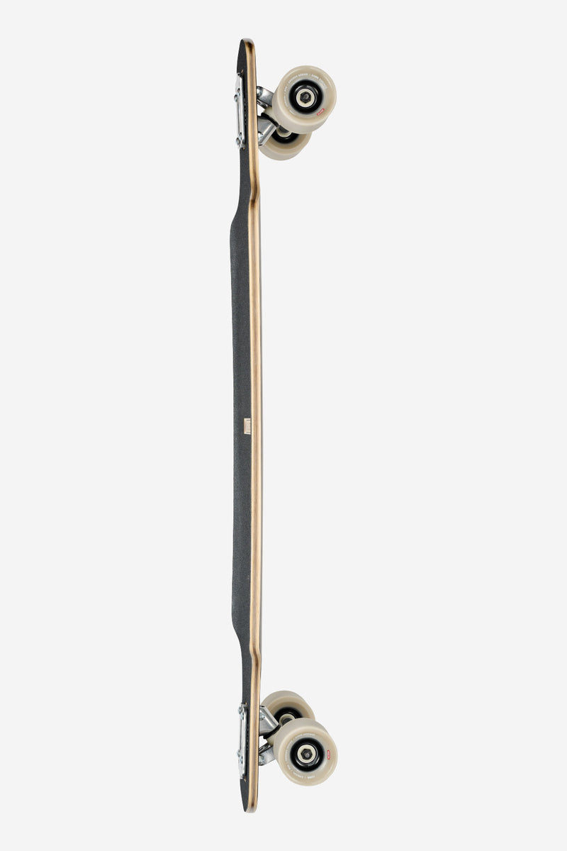Geminon 37.5 longboard 38 inch Arid viewed edge on with symmetrical drop-through deck and beige wheels