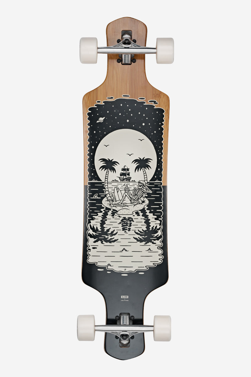 Geminon 37.5 longboard deck in bamboo finish with night scene artwork featuring a moon and palm trees