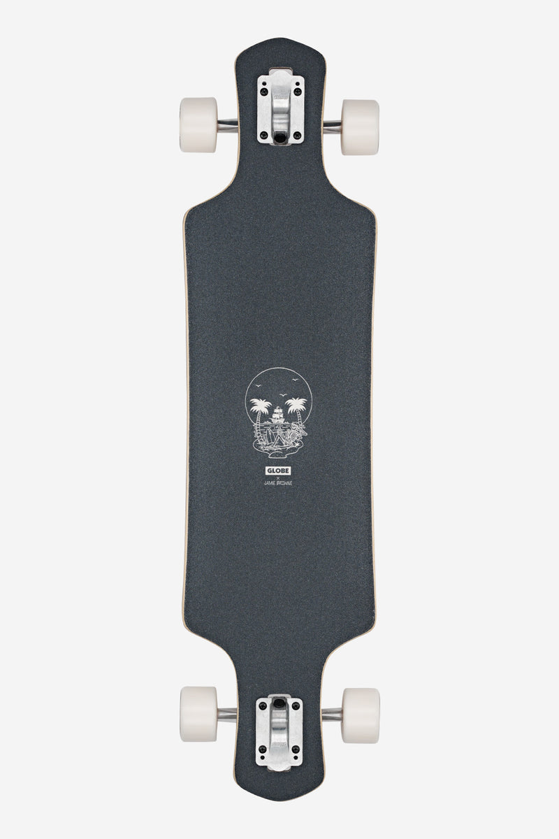 Top view of Geminon 37.5 Reflection longboard with dark grip tape light edge white wheels and palm tree graphic near the rear.