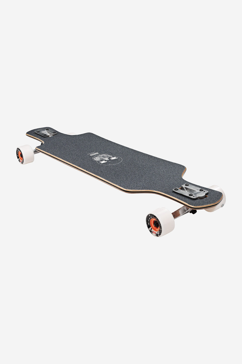 Angled view of Geminon 37.5 Reflection longboard with dark grip tape white wheels and exposed wood edge.
