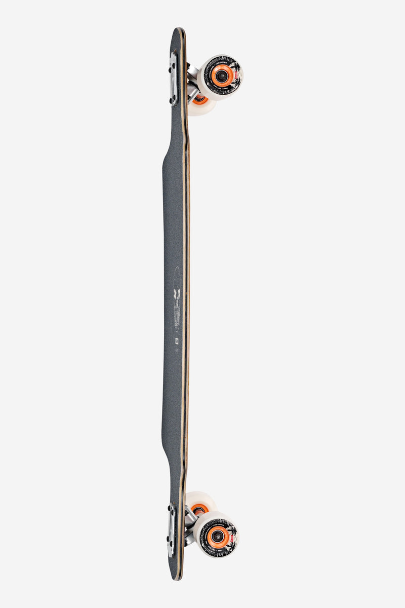 Side profile of Geminon 37.5 Reflection longboard showing slim deck edge and orange wheels.