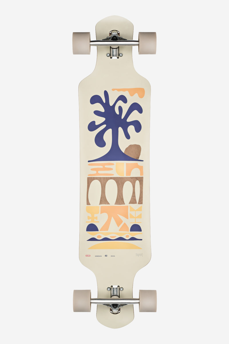 Top view of a 40 inch Geminon Rock longboard with cream deck and blue tree graphic