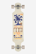 Top view of a 40 inch Geminon Rock longboard with cream deck and blue tree graphic