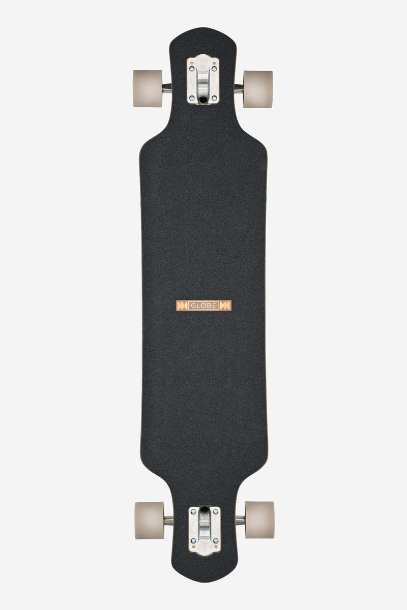 Top view of a black Geminon 40 Rock longboard with beige wheels and drop through trucks