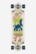 Top-down view of Geminon Micro-Drop 37 Dawn longboard with abstract multicolor graphic and blue wheels