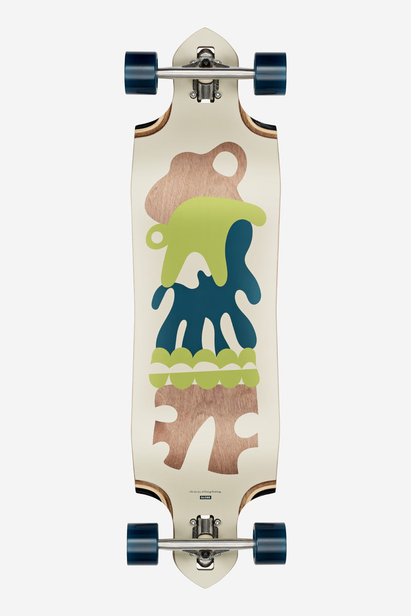 Top-down view of Geminon Micro-Drop 37 Dawn longboard with abstract multicolor graphic and blue wheels