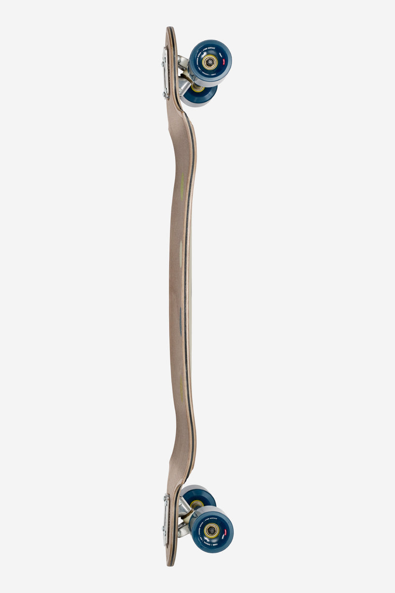 Side view of Geminon Micro-Drop Longboard Dawn highlighting slightly dropped platform and blue wheels
