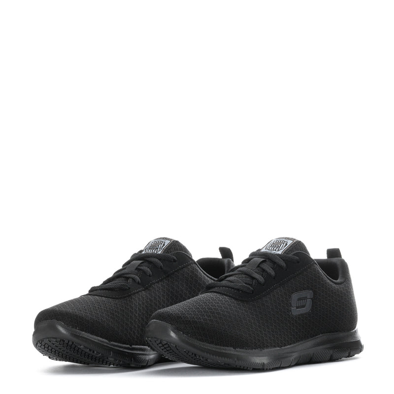 Women’s black lace-up wide sneakers, pair front view with lace eyelets