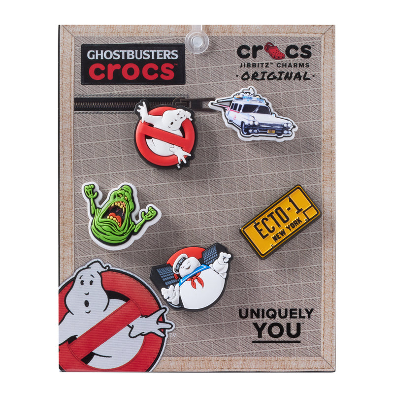Ghostbusters Jibbitz set package with five charms: red ghost, Ecto-1, slime, badge