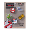 Ghostbusters Jibbitz set package with five charms: red ghost, Ecto-1, slime, badge
