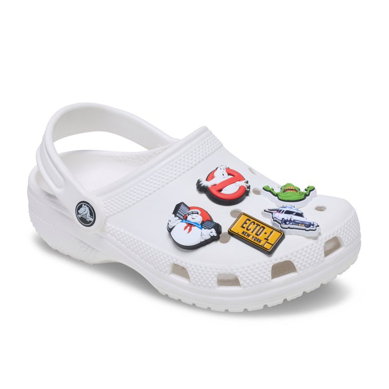 White Crocs clog with Ghostbusters Jibbitz charms: red ghost, Ecto-1, green slime